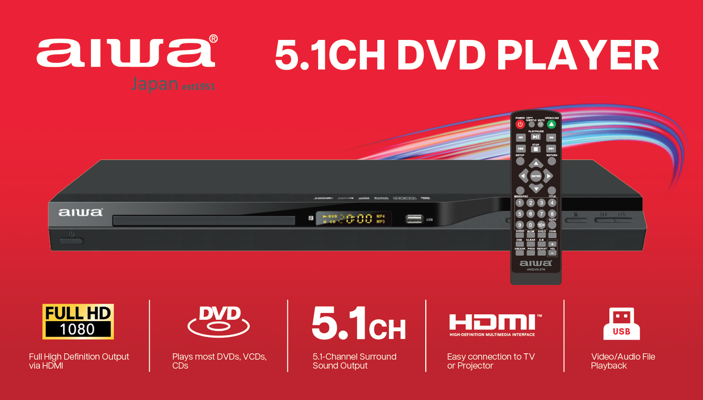 AIWA 5.1CH Surround Sound DVD Player (AWDVD-276 ) with HDMI, USB Playback & Remote – Full HD Home Theater Output