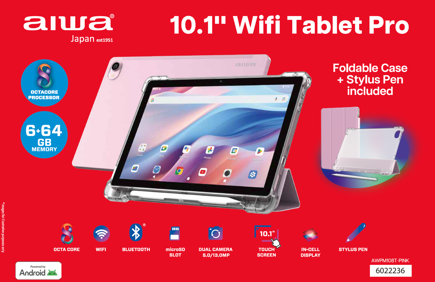 AIWA 10.1” Android Tablet with Stylus Pen & Foldable Case – Pink | Student-Friendly WiFi Touchscreen Tablet (AWPM108T-PINK)