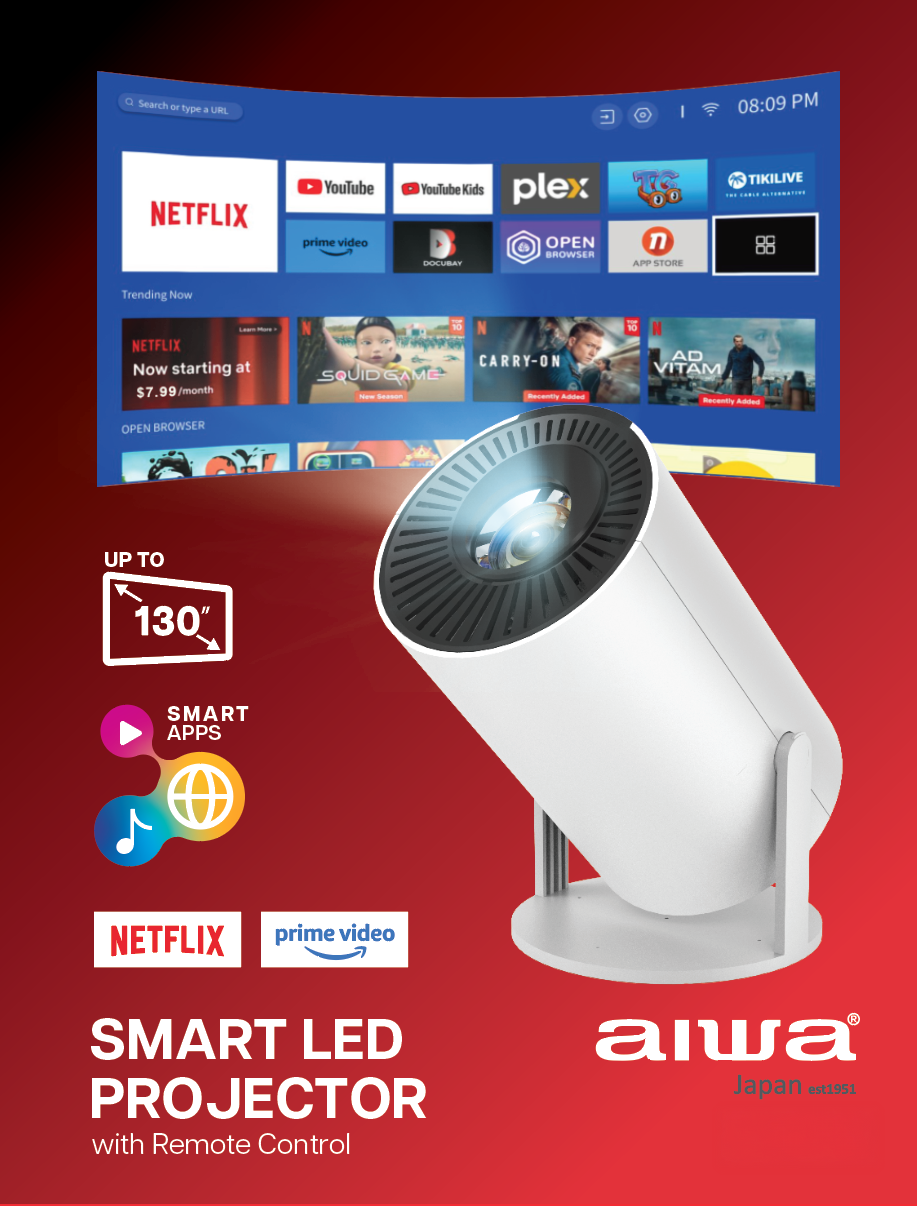 AIWA Smart LED Projector 720p HD with Bluetooth, WiFi & Streaming Apps – 190 ANSI Lumens, Built-in Speaker, Remote Control (AWH02-190)