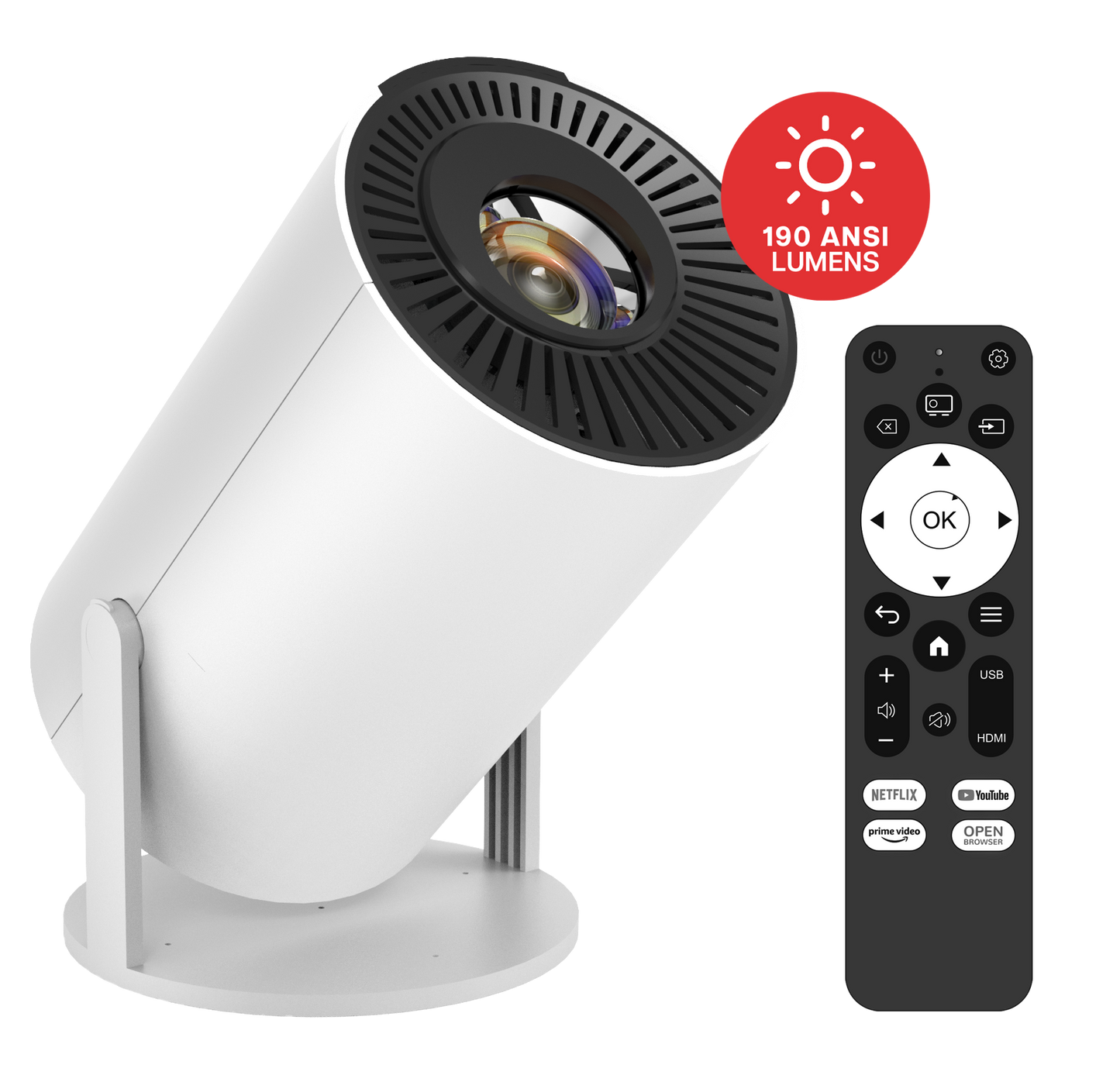 AIWA Smart LED Projector 720p HD with Bluetooth, WiFi & Streaming Apps – 190 ANSI Lumens, Built-in Speaker, Remote Control (AWH02-190)