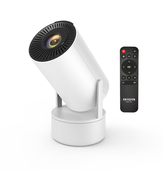 AIWA Portable Smart LED Projector (AWPL31C) with Battery Base, 130” Display, Bluetooth 5.2, Wi-Fi, and HDMI