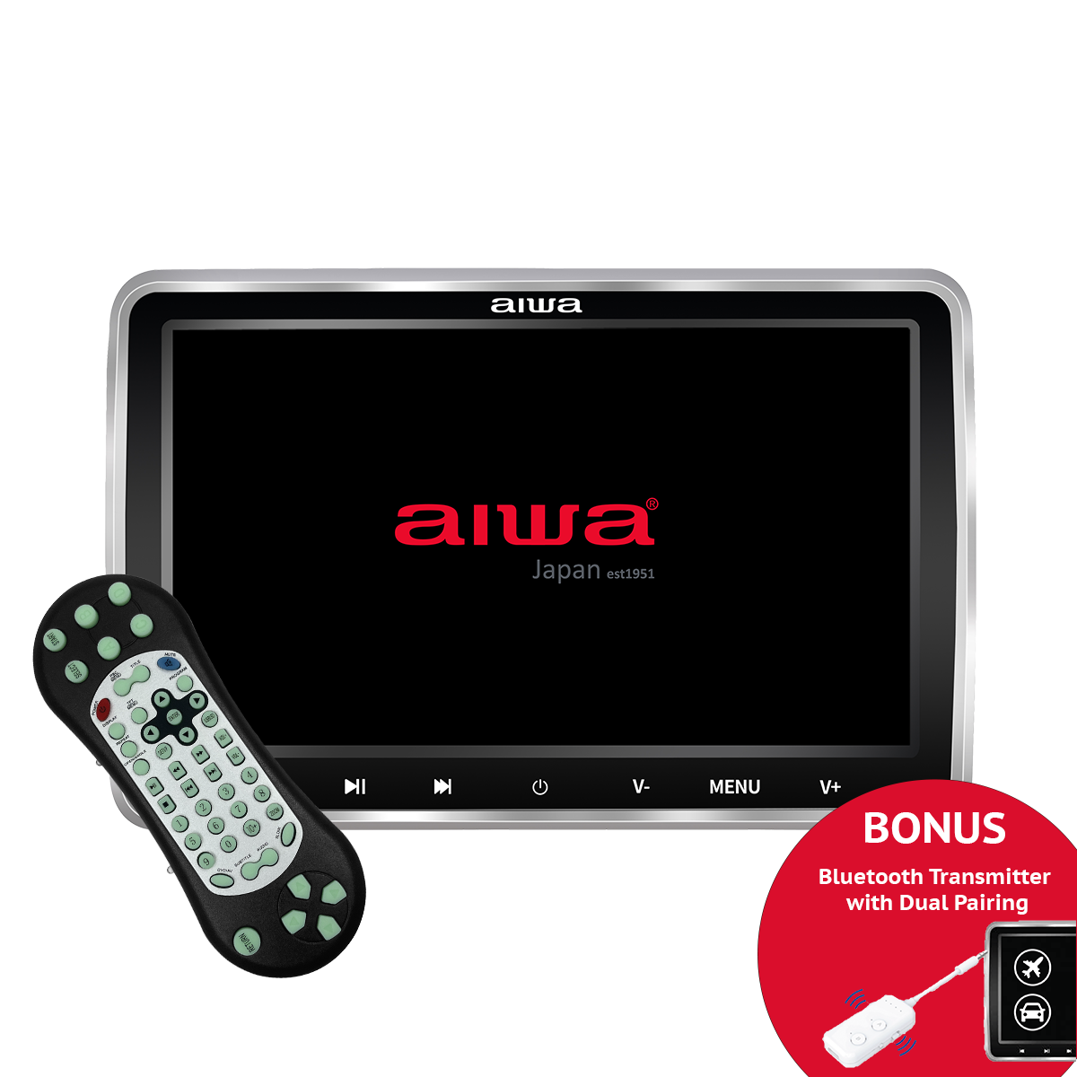 AIWA 10" Car DVD Player | Portable In-Car Entertainment System with Bluetooth Transmitter, HDMI, USB, and FM Audio Playback for Travel and Road Trips