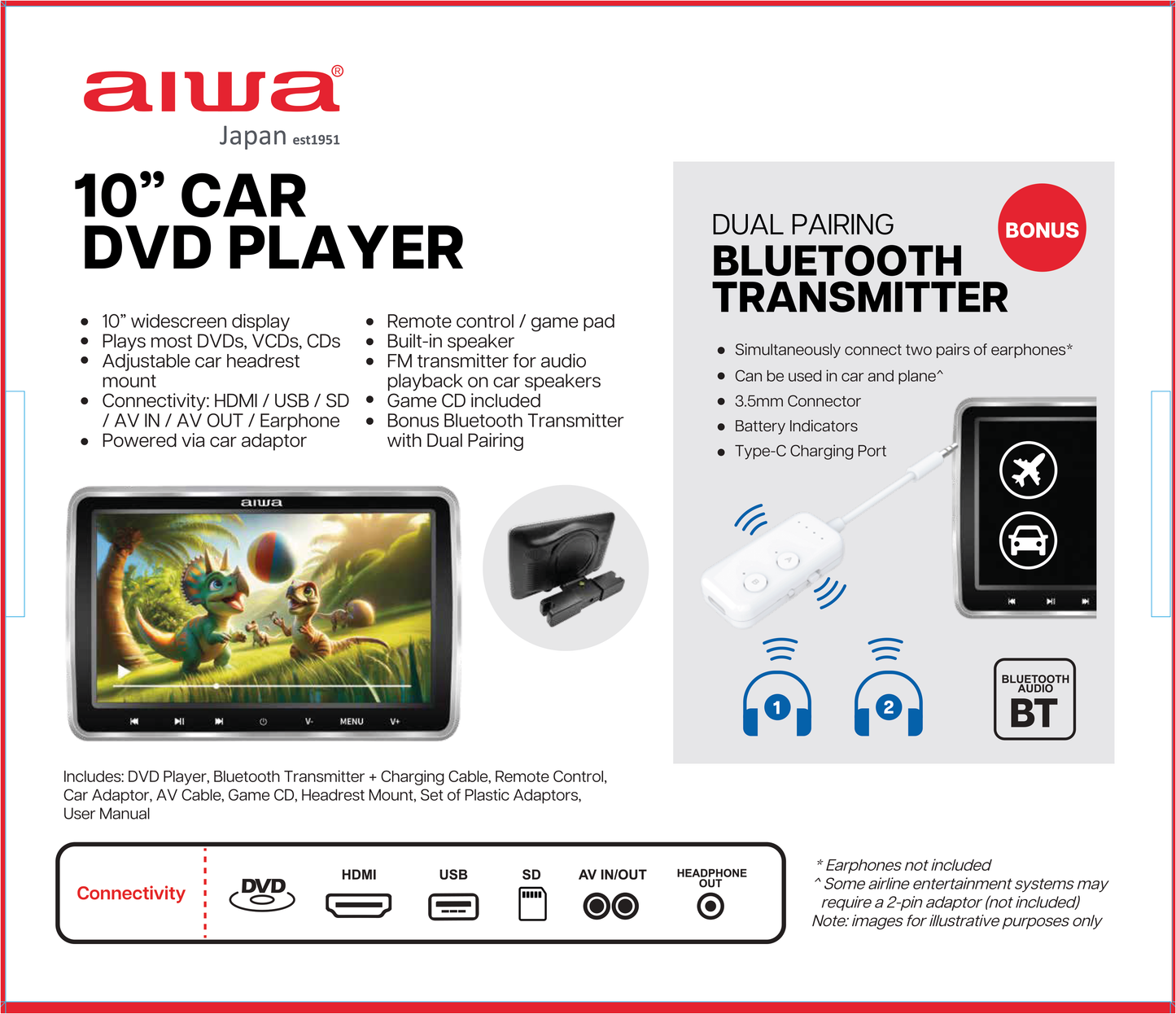 AIWA 10" Car DVD Player | Portable In-Car Entertainment System with Bluetooth Transmitter, HDMI, USB, and FM Audio Playback for Travel and Road Trips