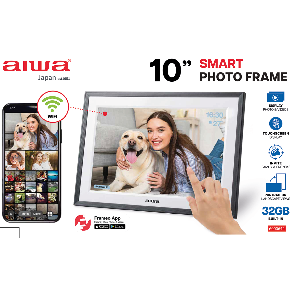 AIWA 10" Smart Photo Frame | Touchscreen Display, WiFi, Frameo App, Family Photos & Videos