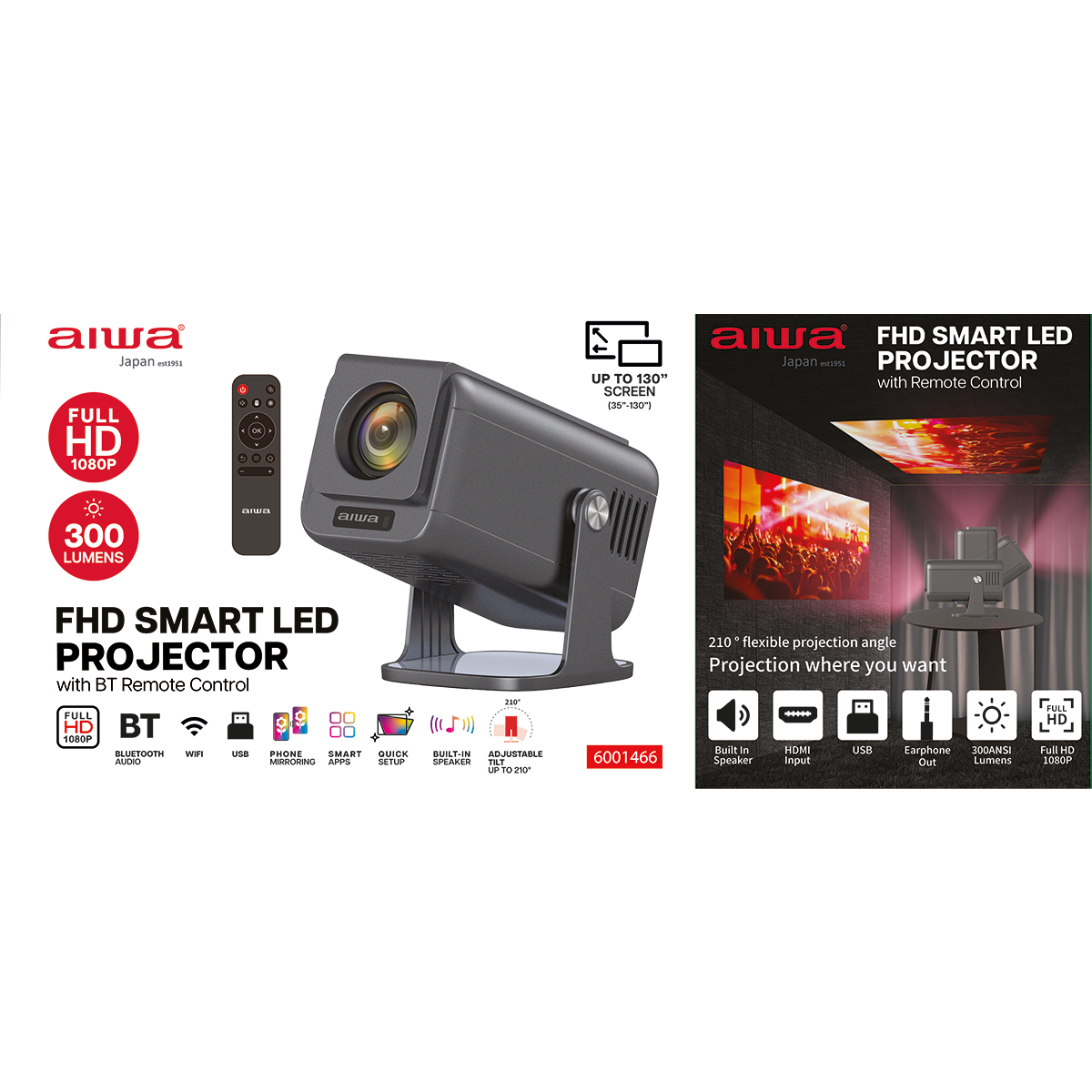AIWA FHD Smart LED Projector | Full HD 1080p, 300 Lumens, WiFi, Bluetooth, HDMI, USB, Portable Projector for Home Entertainment