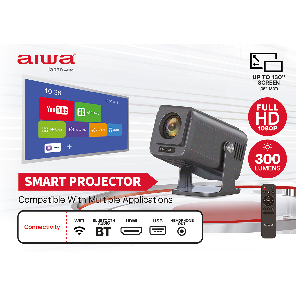 AIWA FHD Smart LED Projector | Full HD 1080p, 300 Lumens, WiFi, Bluetooth, HDMI, USB, Portable Projector for Home Entertainment