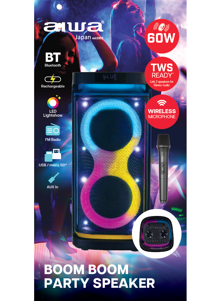 AIWA Bluetooth Party Speaker with Mic & Lights – 60W Portable Sound System for Home, Events & Karaoke (AWTK-298A)