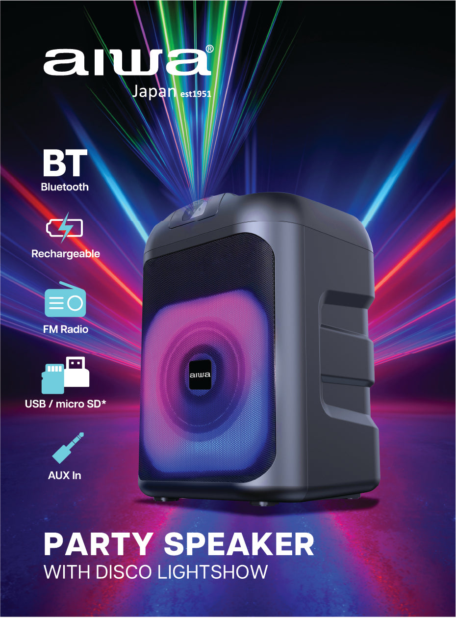 AIWA Party Speaker (AWLS55) with Disco Lightshow – Bluetooth Tower Speaker with Mic Input & LED Light Effects