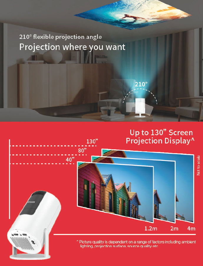 AIWA Smart LED Projector 720p HD with Bluetooth, WiFi & Streaming Apps – 190 ANSI Lumens, Built-in Speaker, Remote Control (AWH02-190)