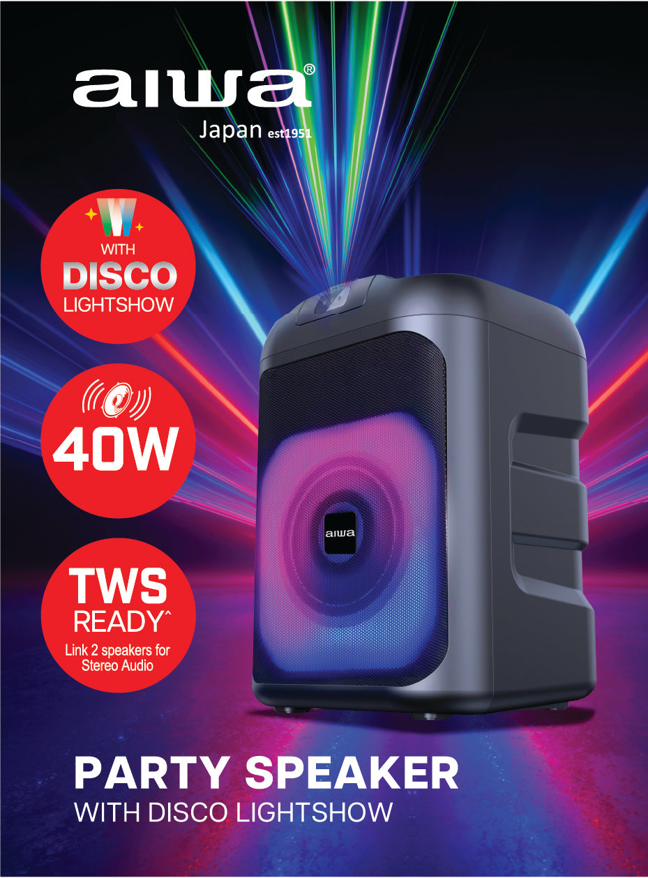 AIWA Party Speaker (AWLS55) with Disco Lightshow – Bluetooth Tower Speaker with Mic Input & LED Light Effects