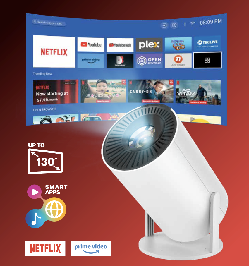 AIWA Smart LED Projector with Remote Control – 130” Display, WiFi + Bluetooth, 720P HD (AWH02-WHI&BLK)