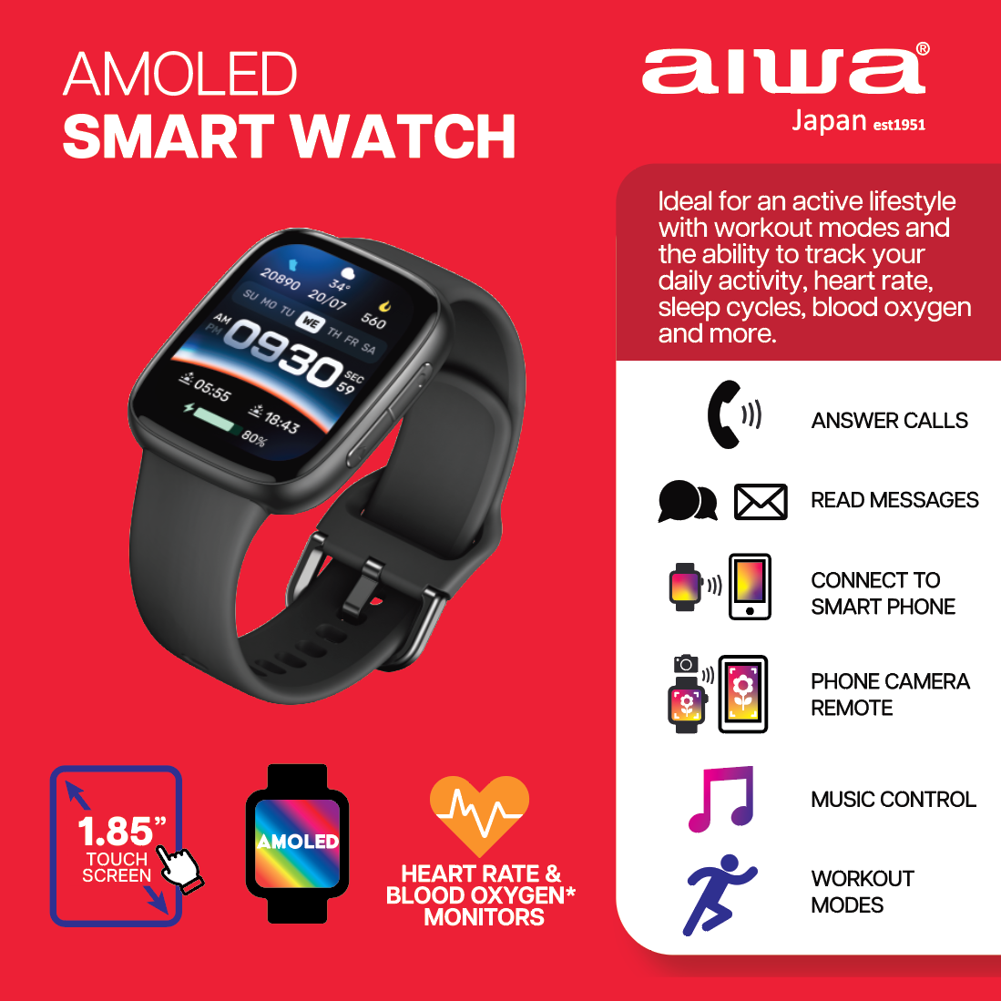 AIWA AMOLED Smart Watch with Bluetooth Calling and Workout Modes