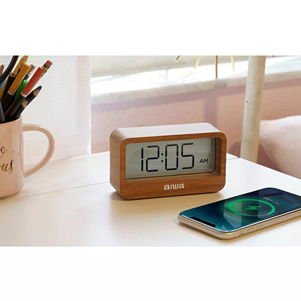 AIWA Window Digital Clock with USB Charger Pine