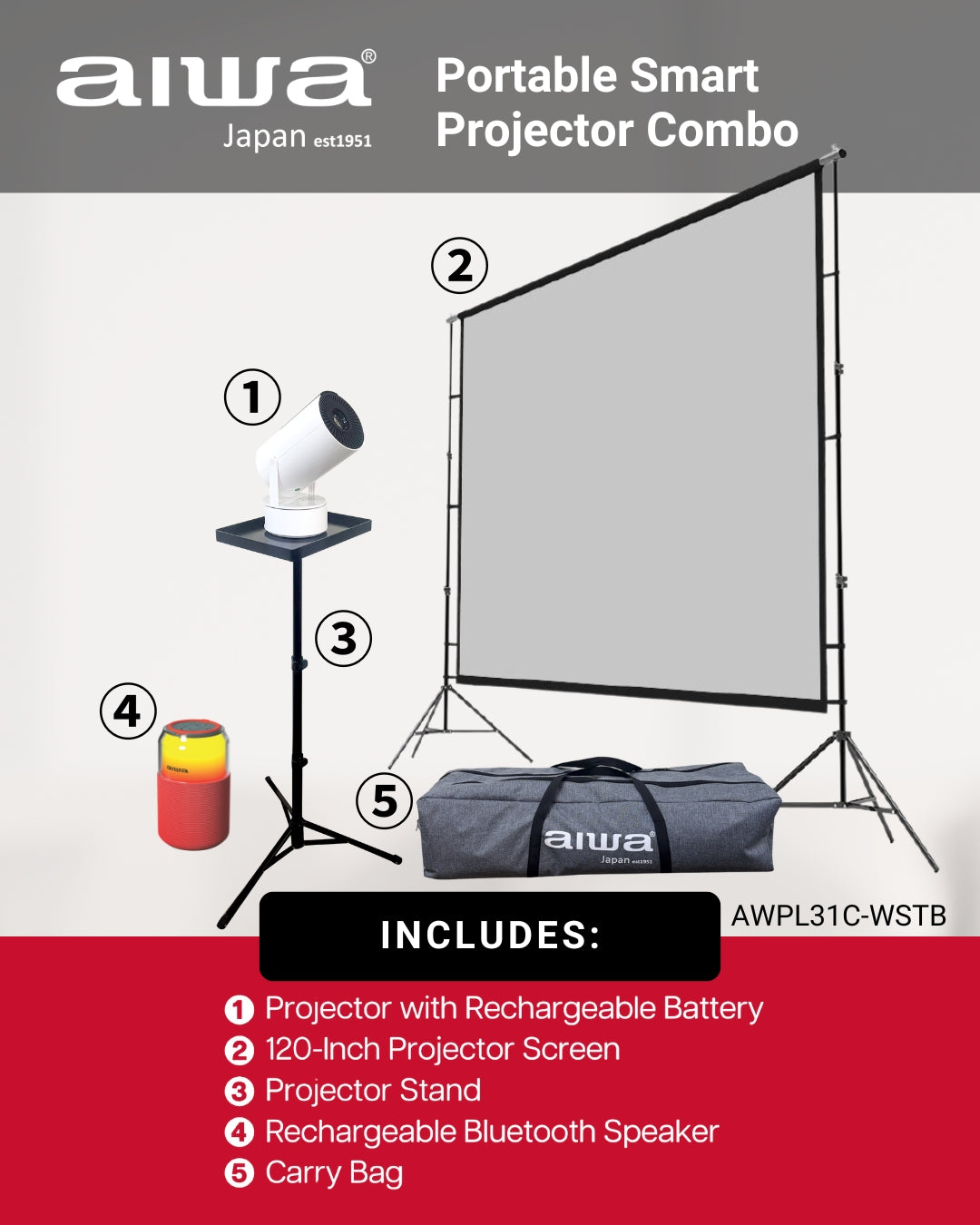 AIWA Portable Projector Combo with 120” Screen, Tripod Stand & Bluetooth Speaker (AWPL31C-WSTB)