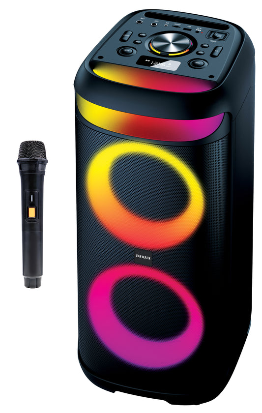 Aiwa Boom-Box Party Speaker with RGB Lights, Bluetooth, FM, USB, AUX & Wireless Microphone (AWTK-226B)