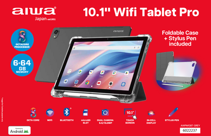 AIWA 10.1” Android Tablet with Stylus Pen & Foldable Case – Grey | Student-Friendly WiFi Touchscreen Tablet (AWPM108T-GREY)
