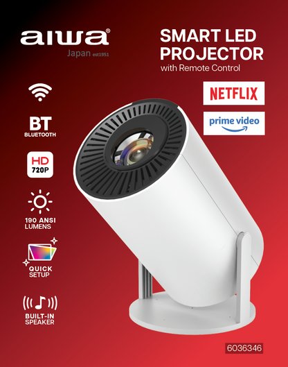 AIWA Smart LED Projector 720p HD with Bluetooth, WiFi & Streaming Apps – 190 ANSI Lumens, Built-in Speaker, Remote Control (AWH02-190)