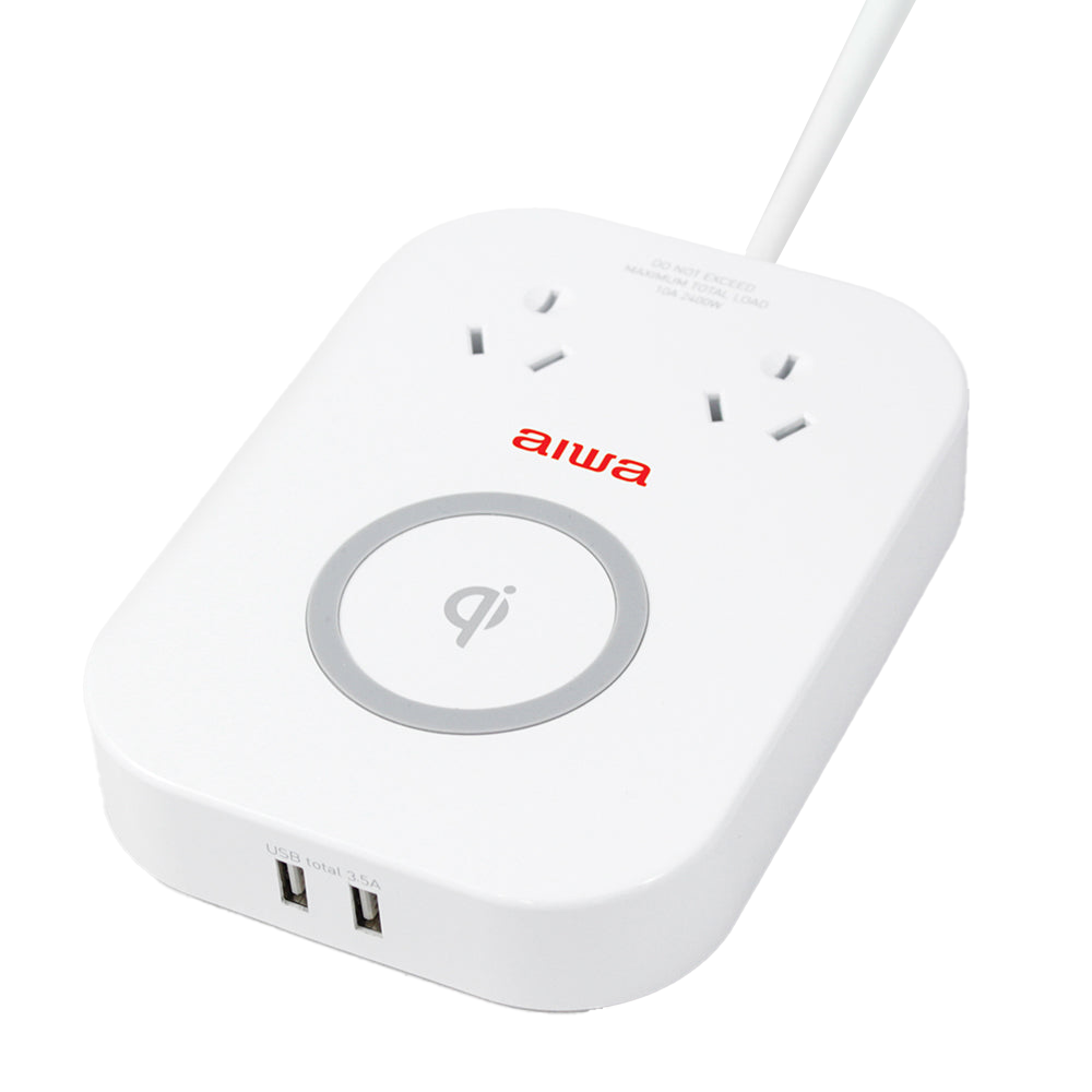 AIWA | 2 Outlet Qi-Certified Wireless Charging Powerboard with 2 USB Ports - AIWA | Wireless 2 Outlet Qi-Certified Portable Charging Powerboard with 2 USB ports AE-AUWC2S2U