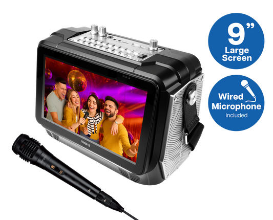 Portable Karaoke Speaker with 9-Inch Display, Bluetooth, FM Radio, Microphone, USB/SD Audio Playback
