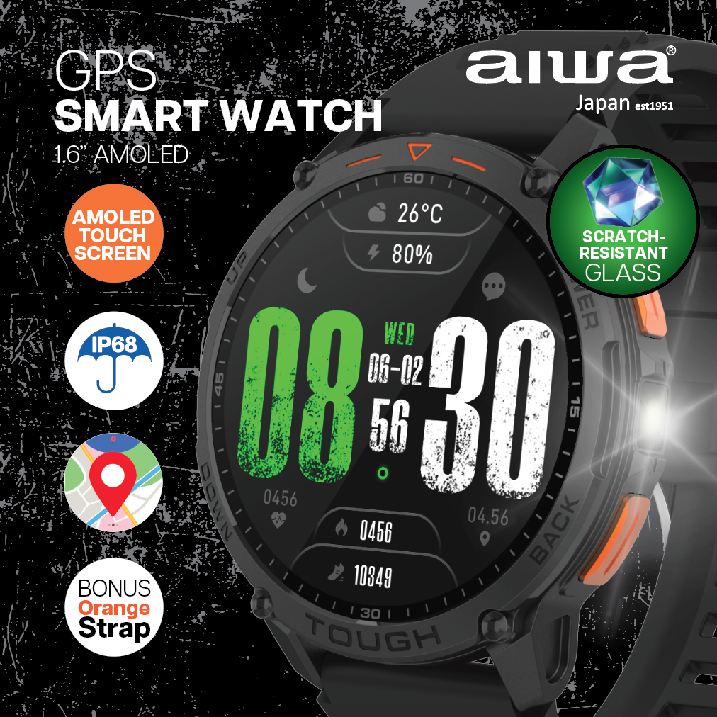 AIWA GPS Smart Watch with AMOLED Display, Waterproof Design, Multi-Sport Fitness Modes, and Health Tracking
