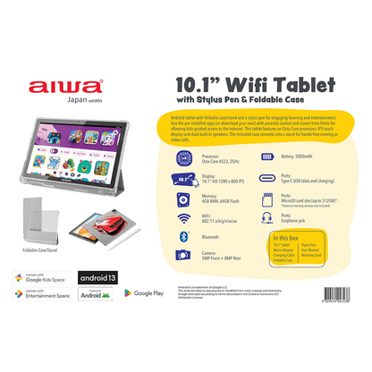 AIWA 10.1" Kids Wifi Tablet with Stylus Pen & Foldable Case