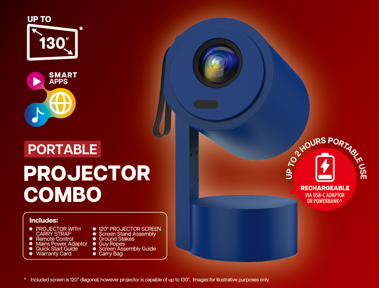 AIWA Portable Rechargeable FHD Smart LED Projector Combo