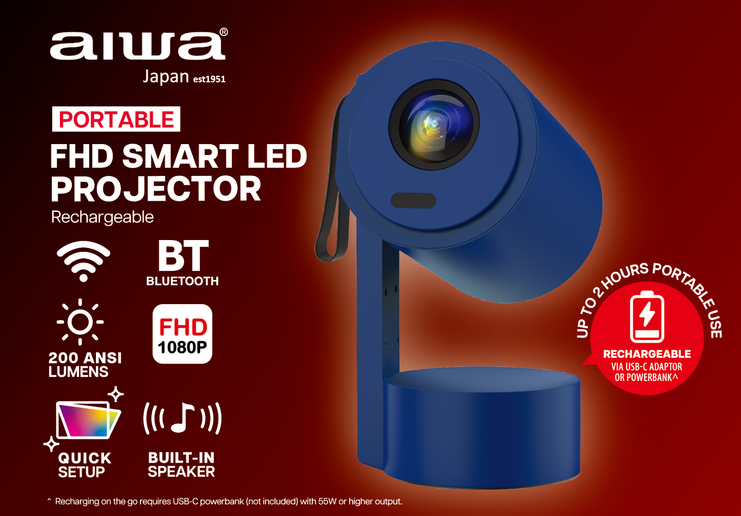 AIWA Portable Rechargeable FHD Smart LED Projector Combo