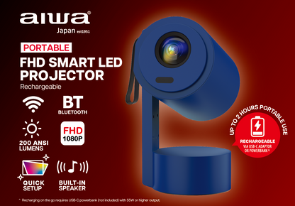 AIWA Portable Rechargeable FHD Smart LED Projector Combo