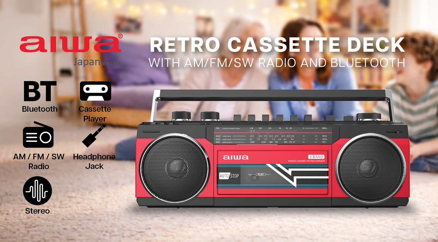AIWA Retro Cassette Deck Bluetooth Boombox Radio with USB/SD MP3 Playback & AM/FM/SW Radio