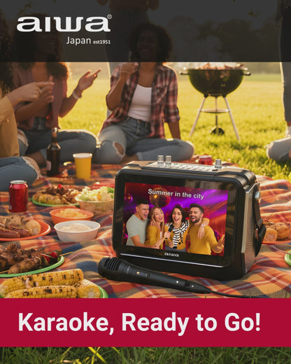 Portable Karaoke Speaker with 9-Inch Display, Bluetooth, FM Radio, Microphone, USB/SD Audio Playback