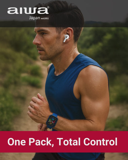 AIWA SMART TECH PACK – Waterproof Smartwatch with Noise Cancelling Earbuds & Bluetooth Audio Transmitter
