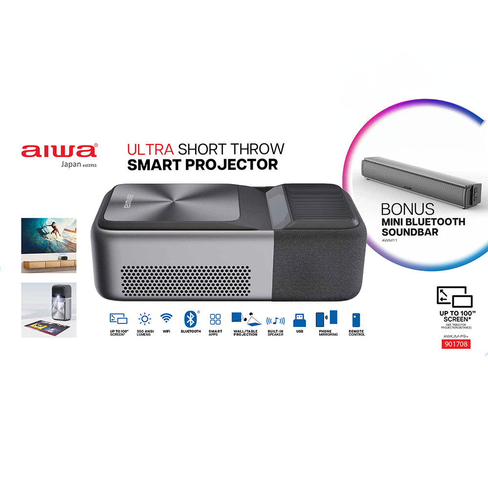 AIWA Ultra Short Throw Smart Projector with Bonus Sound Bar