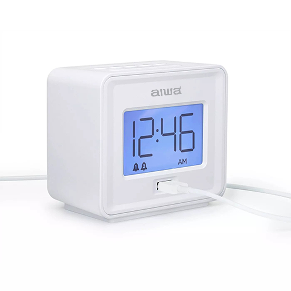 AIWA Dual Digital Alarm Clock with USB Phone Charger White