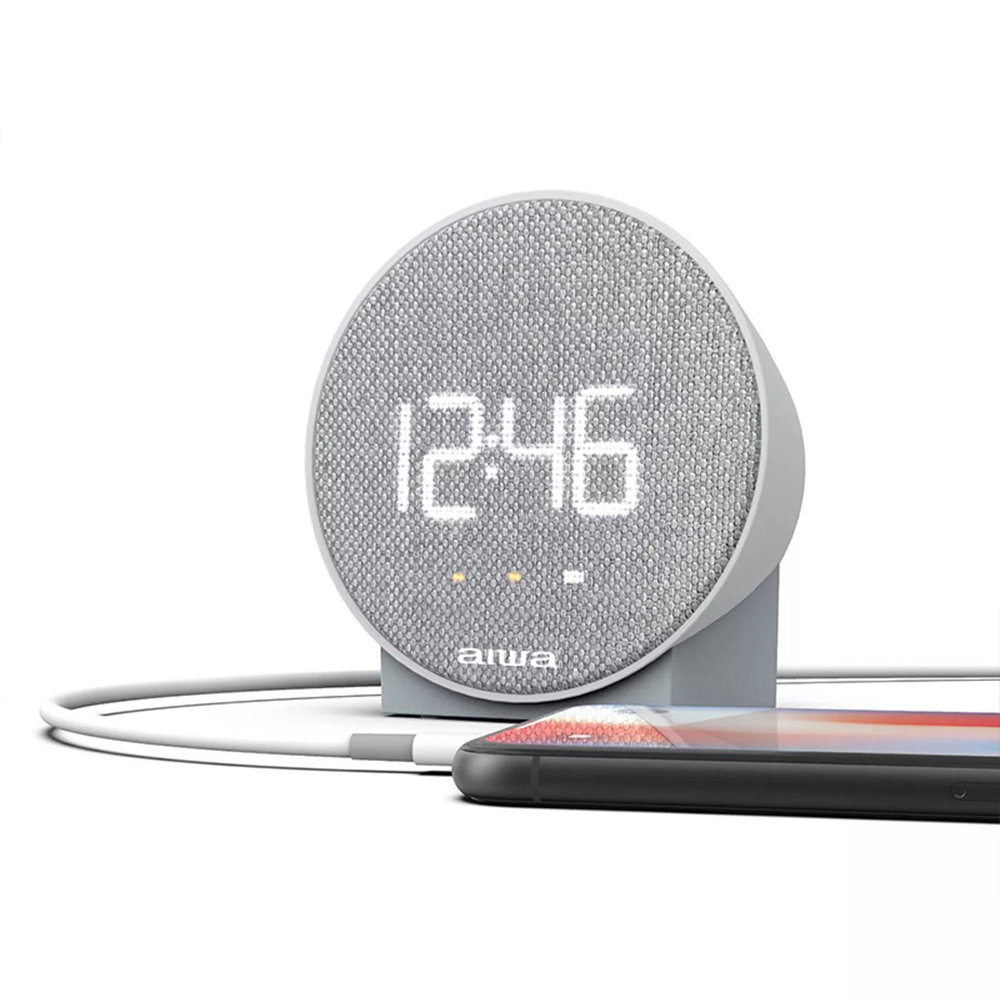 AIWA Round Digital Alarm Clock with USB Charger Grey
