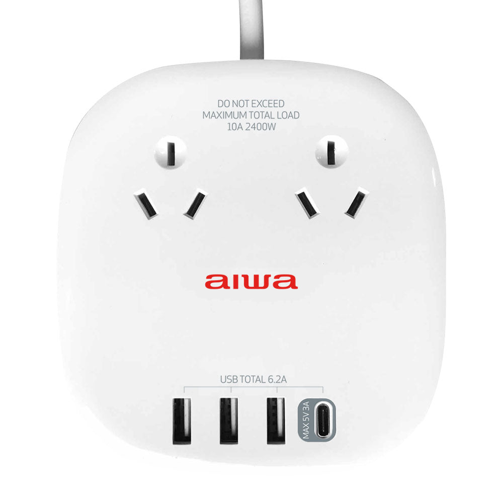 AIWA | 2-Outlet Powerboard with 1 Type-C & 3 Standard USB Charging Ports - AIWA | Surge Protected 2-Outlet Powerboard with USB Charging Ports AE-AUR2UC